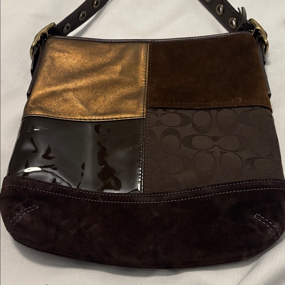 VTG Coach Brown Patchwork crossbody & wristlet Suede leather canvas boho Y2K - Picture 3 of 16